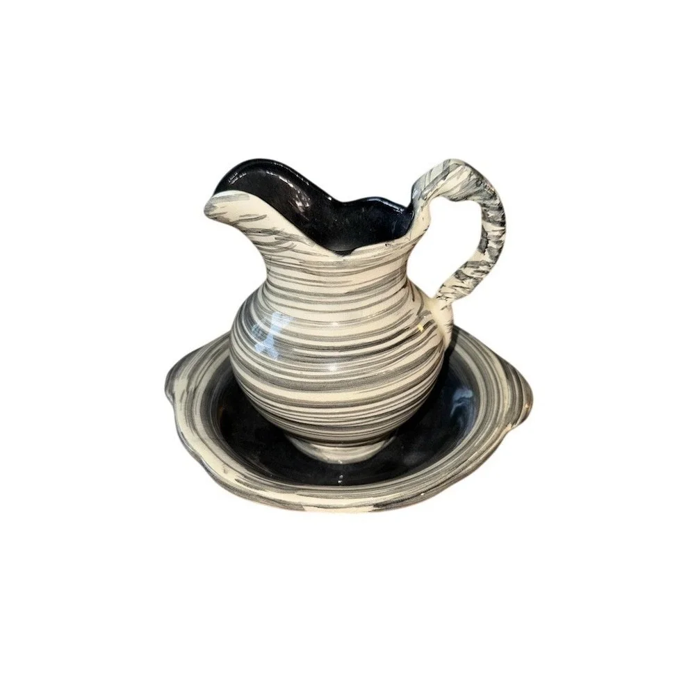 Vintage Unbranded Creamer Pitcher & Handled Bowl Dish Set Swirl glossy farmhouse